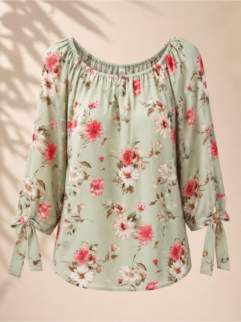 Misia Size 1X Mint Green Floral Off-Shoulder Blouse with Tie Sleeves